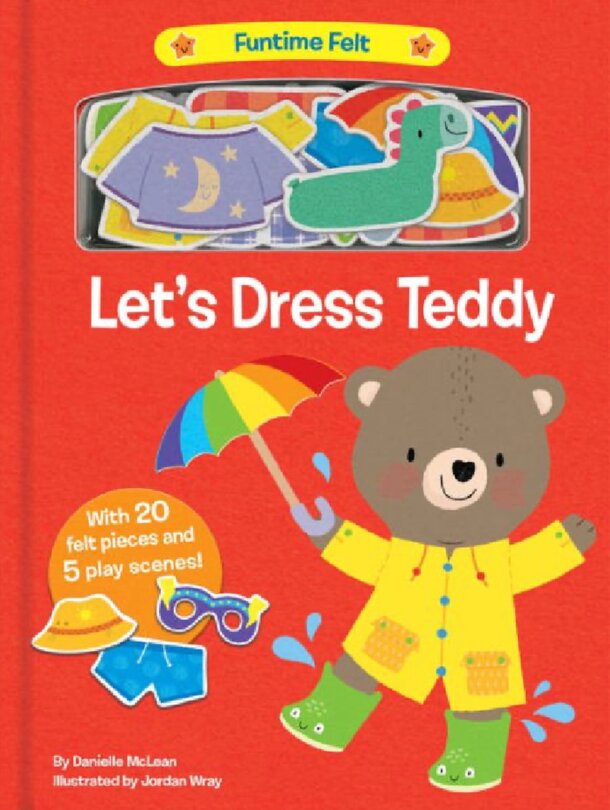 Cover of "Let's Dress Teddy" book featuring a colorful teddy bear with various clothing options.