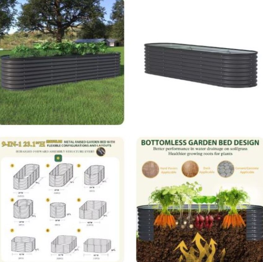Collage of raised metal garden bed images. Top left shows a lush garden bed outdoors; top right features a plain bed. Bottom left displays configuration layouts; bottom right illustrates a cross-section of a bottomless design with visible root growth. Keywords: raised garden bed, configurations, bottomless design.