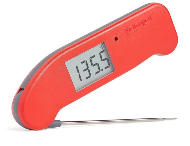A red digital thermometer featuring a long probe for measuring temperature accurately. 