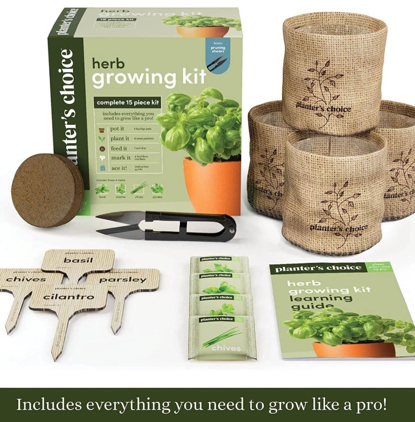 Herb growing kit with all necessary supplies for cultivating fresh herbs at home.