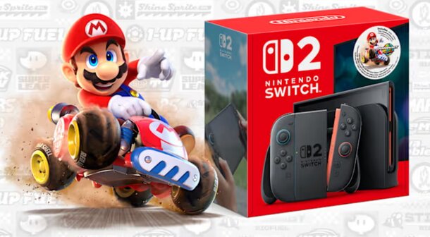 Nintendo Switch 2 bundle featuring the game Mario Kart 8 Deluxe, displayed with console and game case.