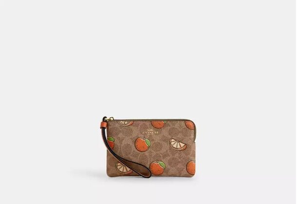 A Coach wristlet showcasing a signature pattern complemented by a vibrant fruit print.