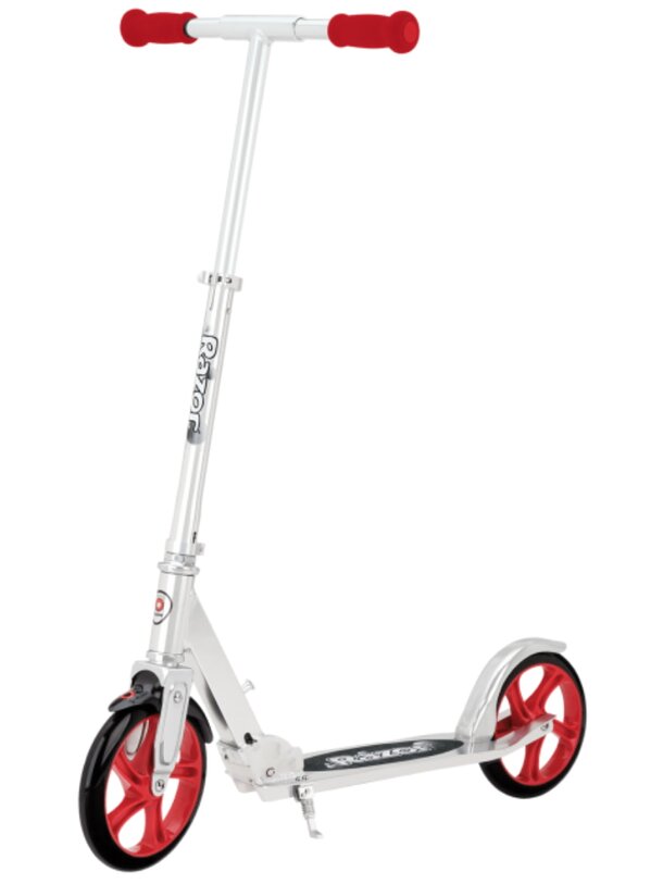 A white and red scooter featuring red wheels, positioned upright on a flat surface.
