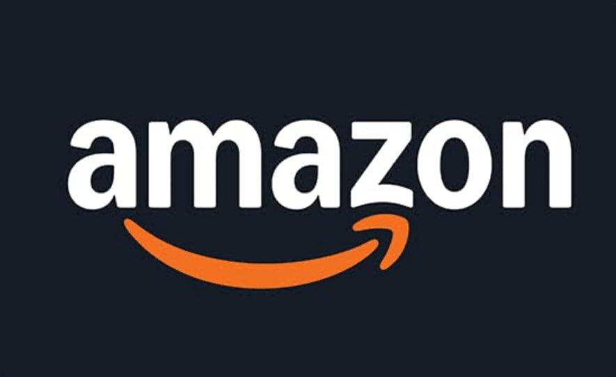 Amazon logo featuring white lowercase text on a dark background, with an orange arrow curved beneath, resembling a smile, conveying a friendly tone.