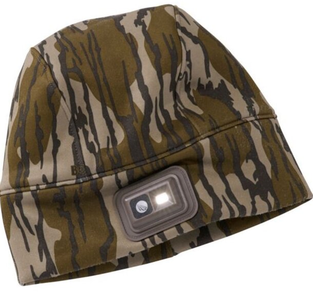 Outdoor industry's camo beanie displayed on a neutral background, showcasing its camouflage pattern and design.