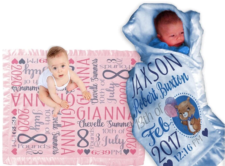 Baby boy and girl on personalized blankets with birth details