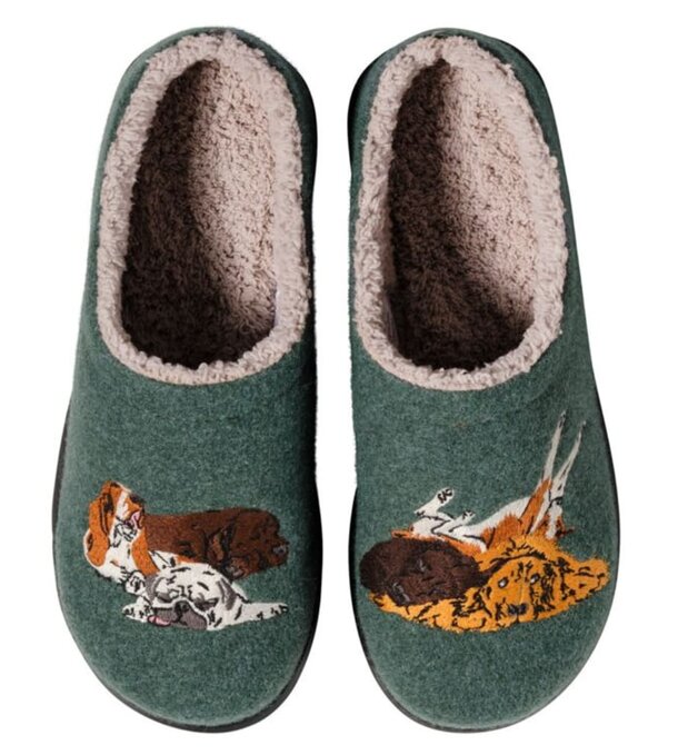 A pair of cozy slippers featuring playful dog designs on a soft fabric surface.