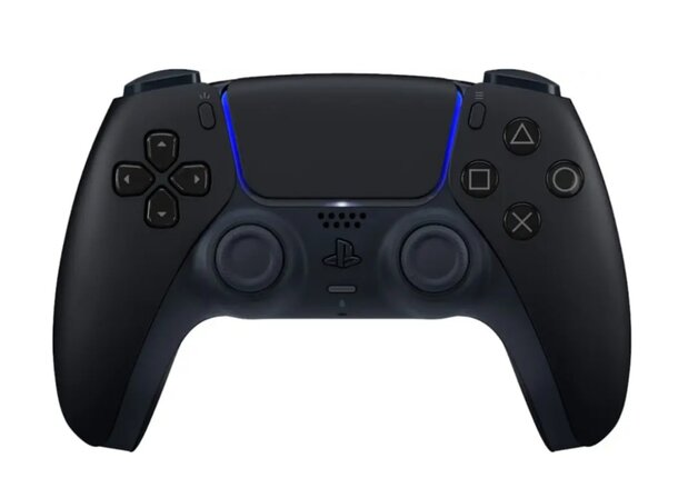 Black gaming controller featuring blue buttons, designed for enhanced gameplay experience.