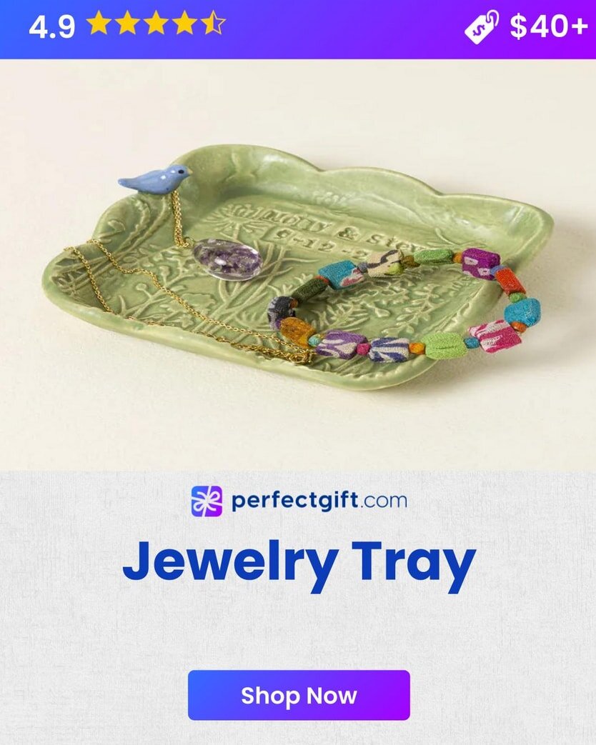 Green jewelry tray with a bird, necklace, and colorful bracelet. Rated 4.9 stars, priced $40+, available at perfectgift.com.