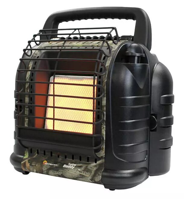 A portable heater covered in a camouflage pattern, designed for outdoor use and blending into natural surroundings.
