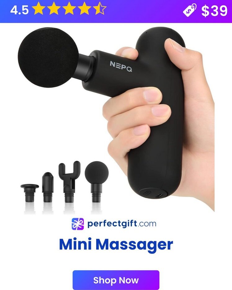 Hand holding a black mini massager with interchangeable heads, rated 4.5 stars, priced at $39, available at perfectgift.com.