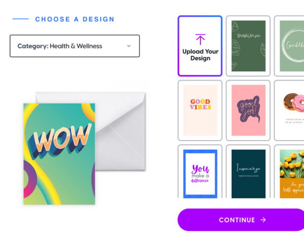 Webpage showing greeting card designs with a "Choose a Design" category filter.