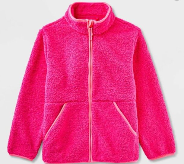 A pink fleece jacket featuring a zipper and a hood, designed for warmth and comfort in cooler weather.