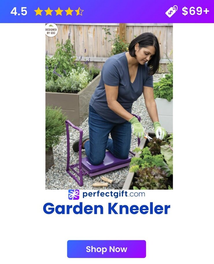 A woman uses a purple garden kneeler, wearing gloves and tending to plants in a backyard. The background shows raised garden beds and a wooden fence.