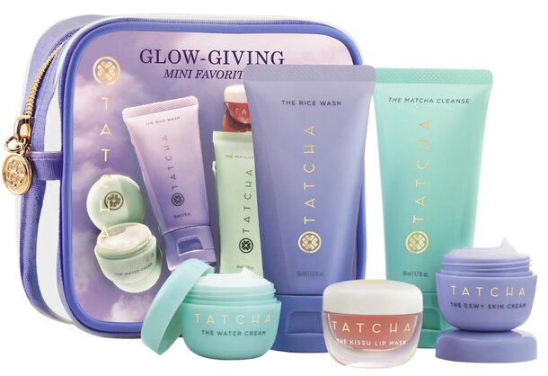 Tatcha Glow Giving Mini Kit featuring skincare products for a radiant complexion.