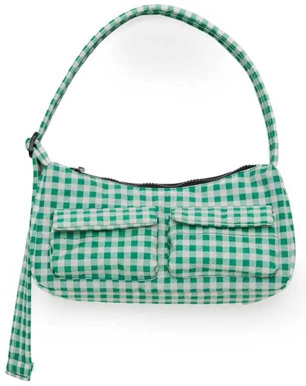 A green and white checkered purse with a shoulder strap, showcasing a stylish and playful design.