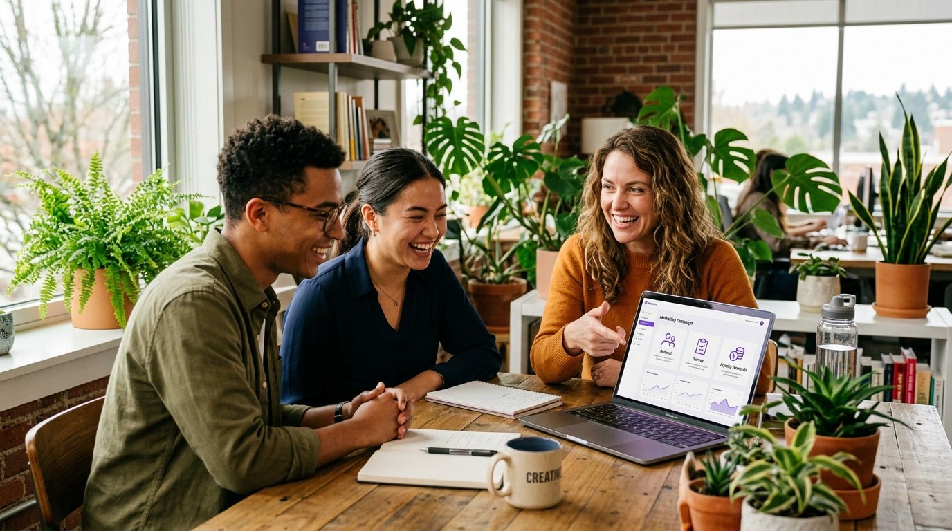 Three colleagues smiling and discussing a marketing campaign on a laptop in a plant-filled office, fostering creativity and teamwork.
