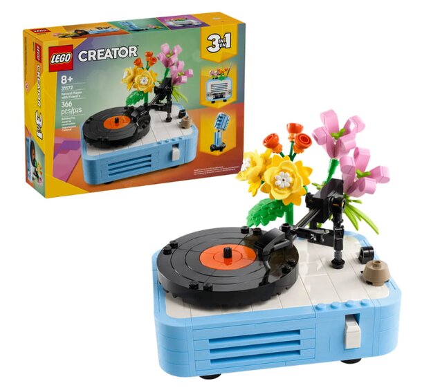 LEGO Creator record player surrounded by colorful flowers, showcasing a creative and vibrant design.