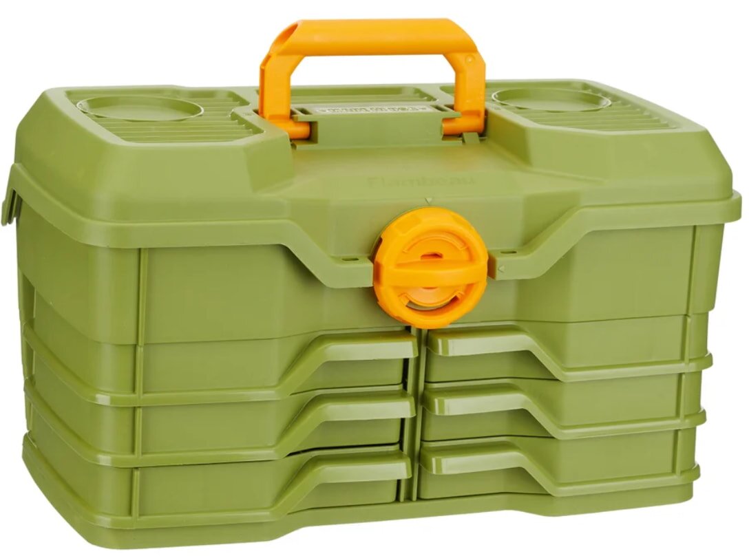 A green plastic toolbox featuring bright orange handles, designed for easy carrying and storage of tools.