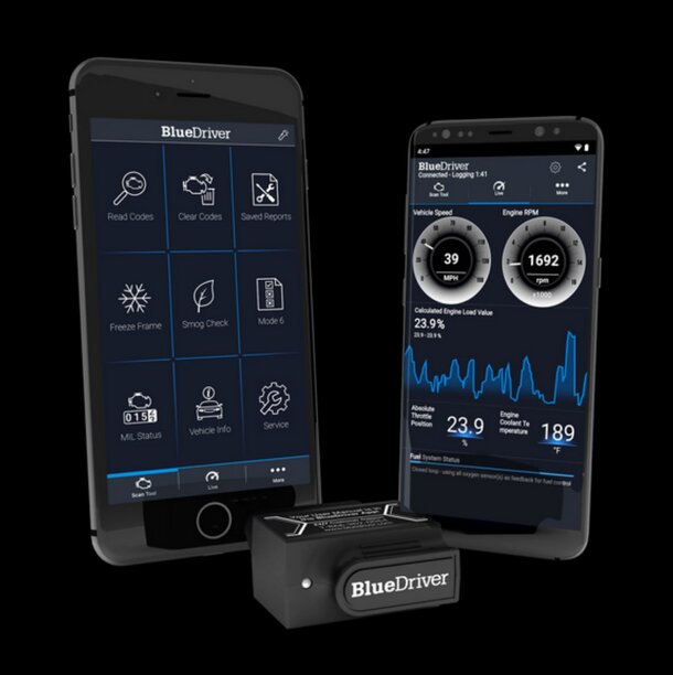 Blackbox car diagnostic app interface displaying vehicle health and performance metrics on a smartphone screen.