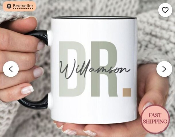 Personalized coffee mug featuring the name "Dr. Williamson" in elegant script on a white ceramic background.