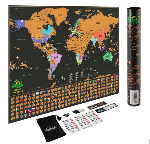 A scratch-and-sniff world map displayed alongside a roll of paper, inviting exploration of different scents from various regions.