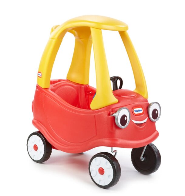 A Little Tikes car featuring a cheerful yellow face and bright red wheels, designed for young children to play with.