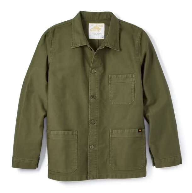 Olive green men's work jacket displayed on a hanger, showcasing its durable fabric and practical design.
