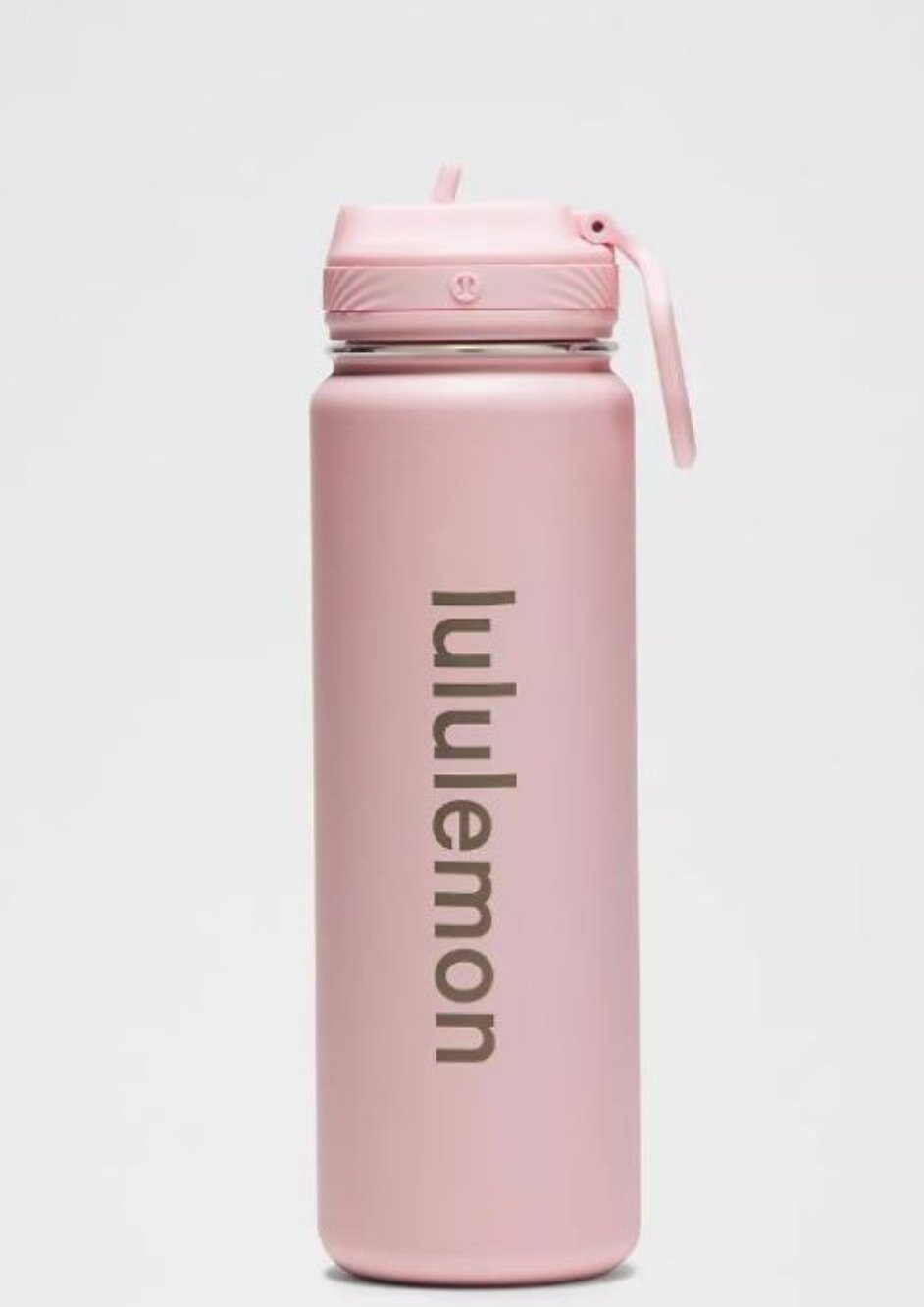 Pink lululemon water bottle with a sleek design, ideal for hydration during workouts or daily activities.