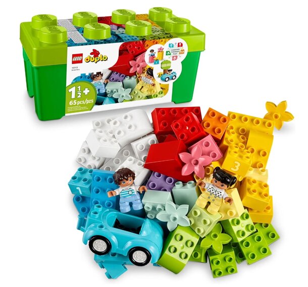 LEGO Duplo Box - Colorful LEGO Duplo blocks arranged with a green box and a small toy car on a flat surface.