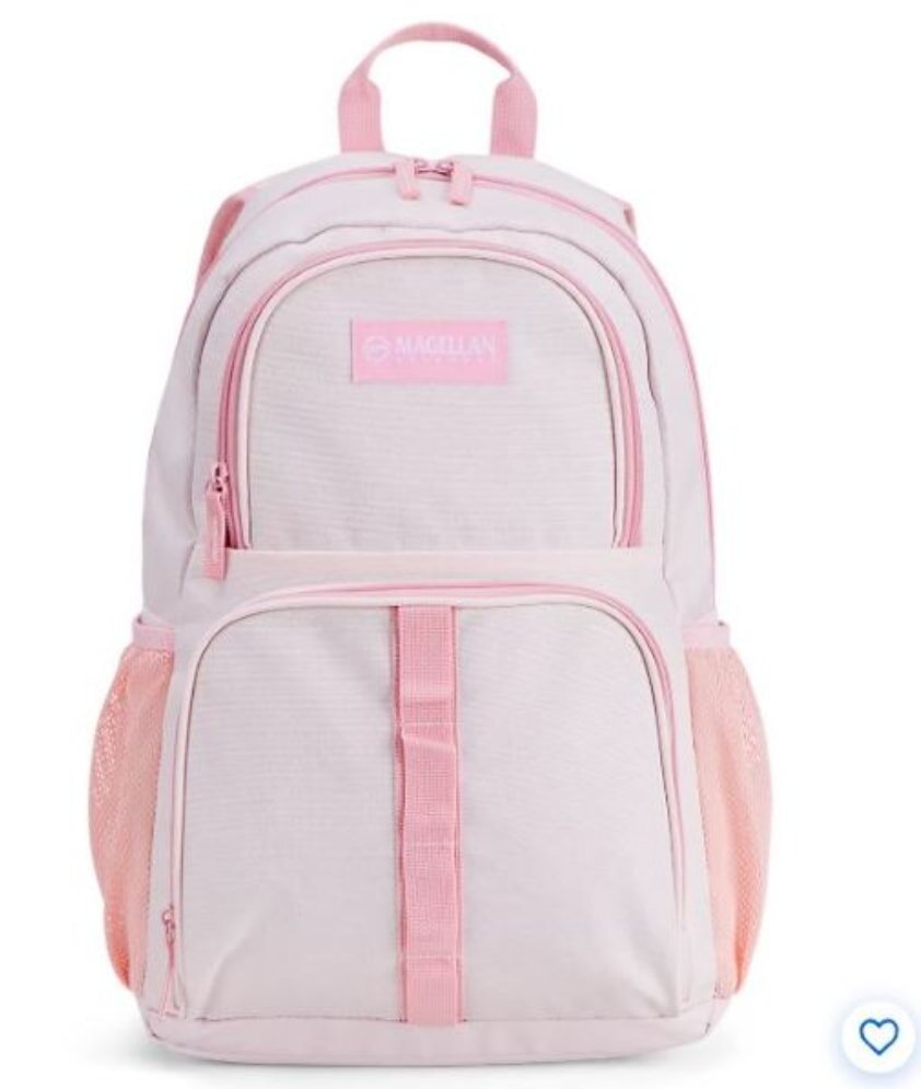 A white backpack featuring pink trim and a pink heart design, suitable for casual or school use.
