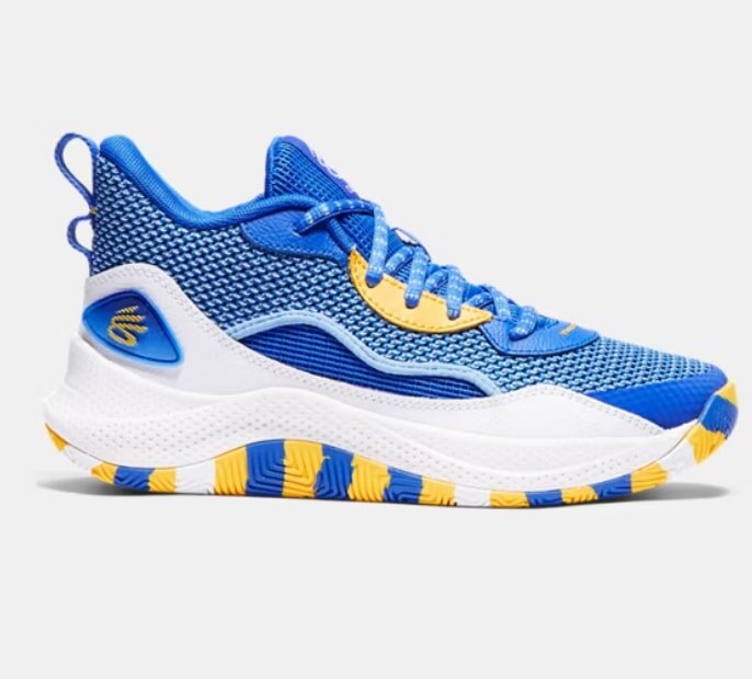 Blue and yellow basketball shoe displayed on a clean white background.