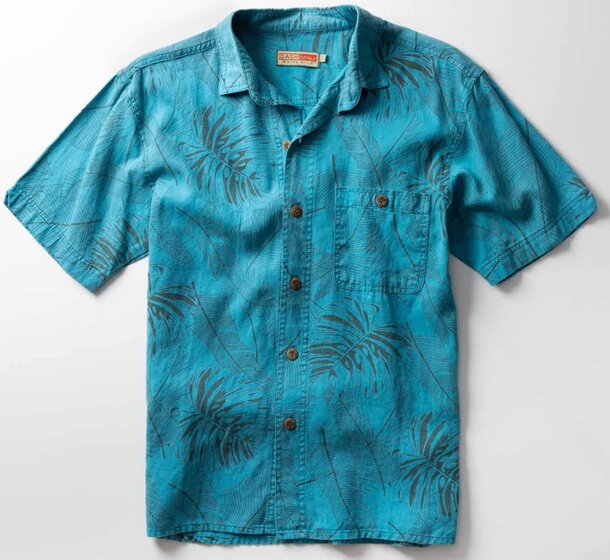 Blue short sleeve men's shirt featuring a vibrant palm leaf pattern.