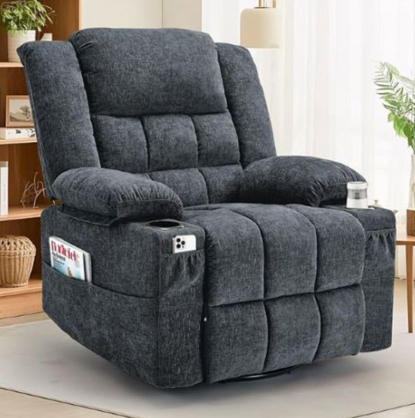 A dark gray recliner chair, featuring soft fabric, inviting for relaxation.