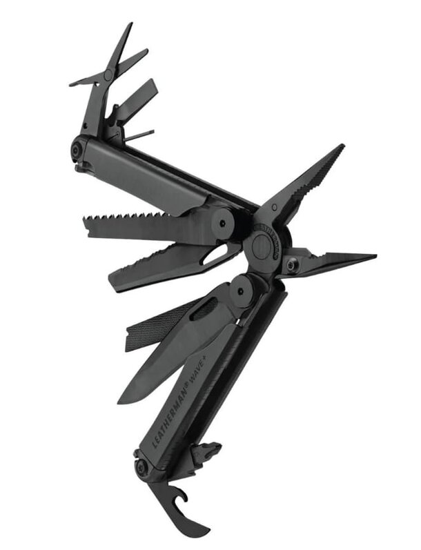 A multi-tool featuring a black handle and two blades, designed for versatile use in various tasks.