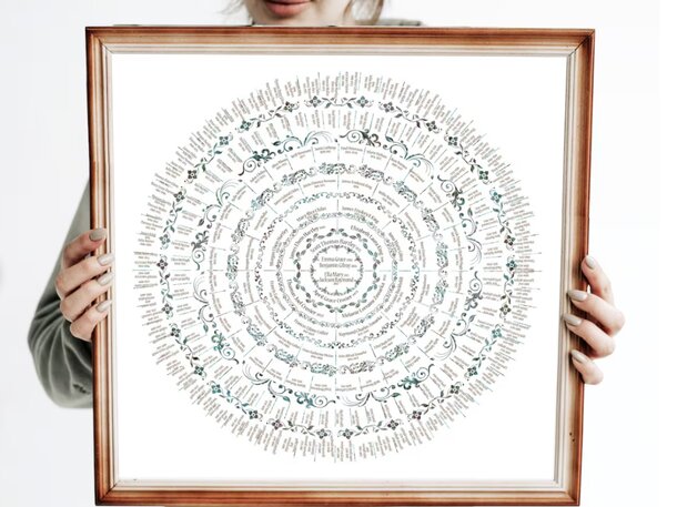 A woman proudly displays a framed art print featuring a vibrant circular design.