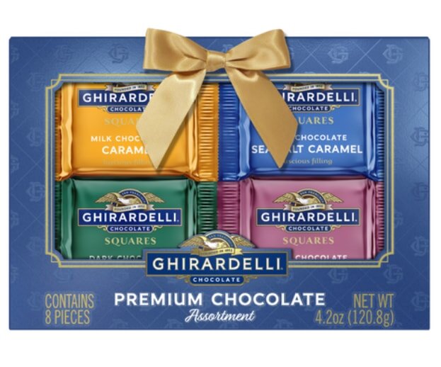 Ghirardelli chocolate assortment box with a gold bow, featuring caramel and dark chocolate squares, 8 pieces, 4.2 oz.