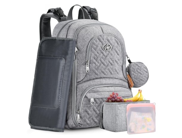 A grey backpack with an attached baby carrier, alongside fruit and snacks arranged for a day out.