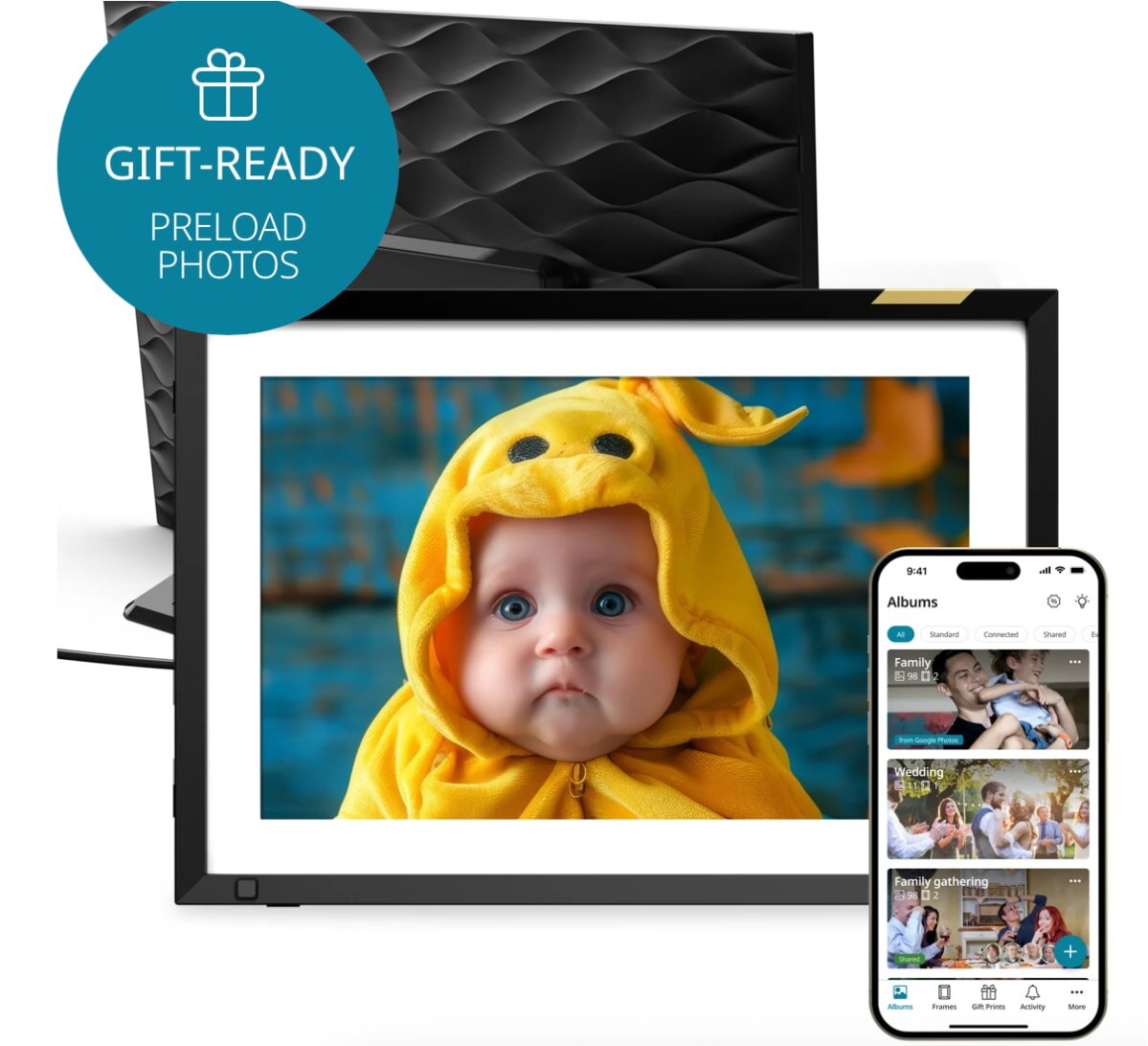 A baby in a yellow outfit plays with a tablet and a phone, smiling and engaged with the devices.