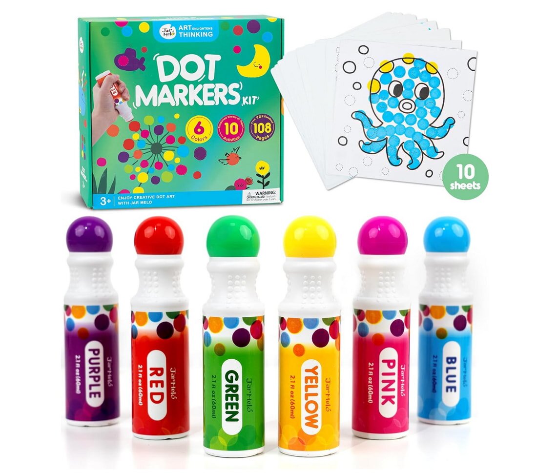 A set of dot markers displayed in three colorful boxes, ideal for arts and crafts projects.