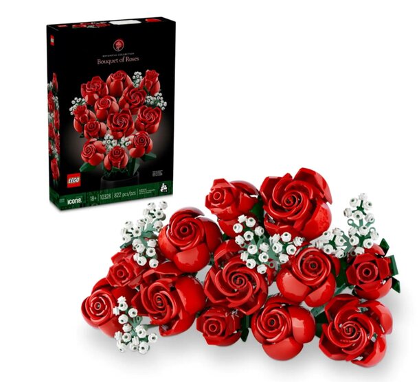 A box containing vibrant red roses alongside a box filled with colorful Lego bricks.