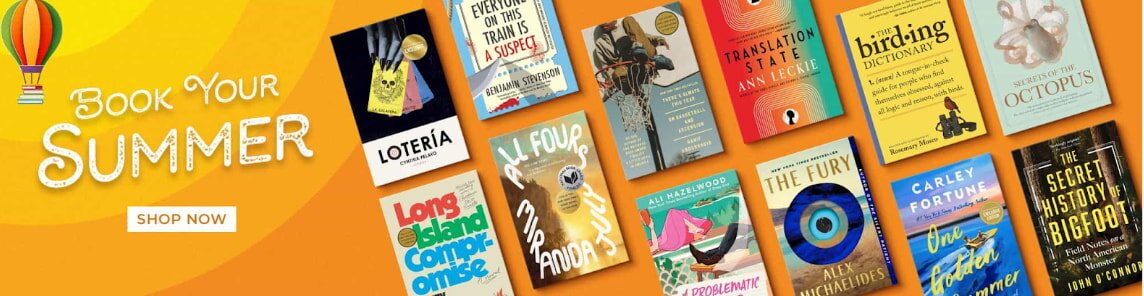 A book cover featuring an array of colorful books stacked together, showcasing various titles and genres.