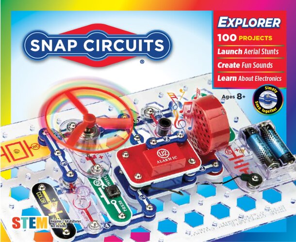 Snap Circuits Explorer Kit featuring colorful components for building electronic circuits and projects.