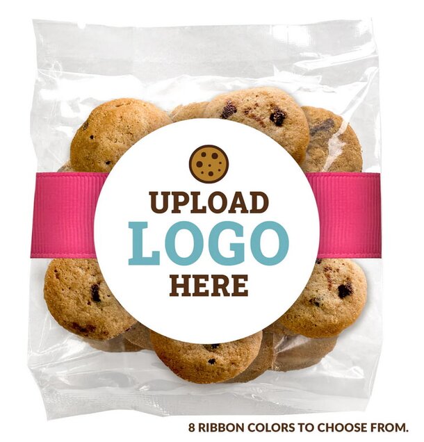 A bag of chocolate chip cookies tied with a ribbon, showcasing a delicious treat for cookie lovers.