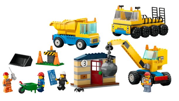 A colorful display of LEGO city construction vehicles and equipment, including trucks, cranes, and bulldozers.