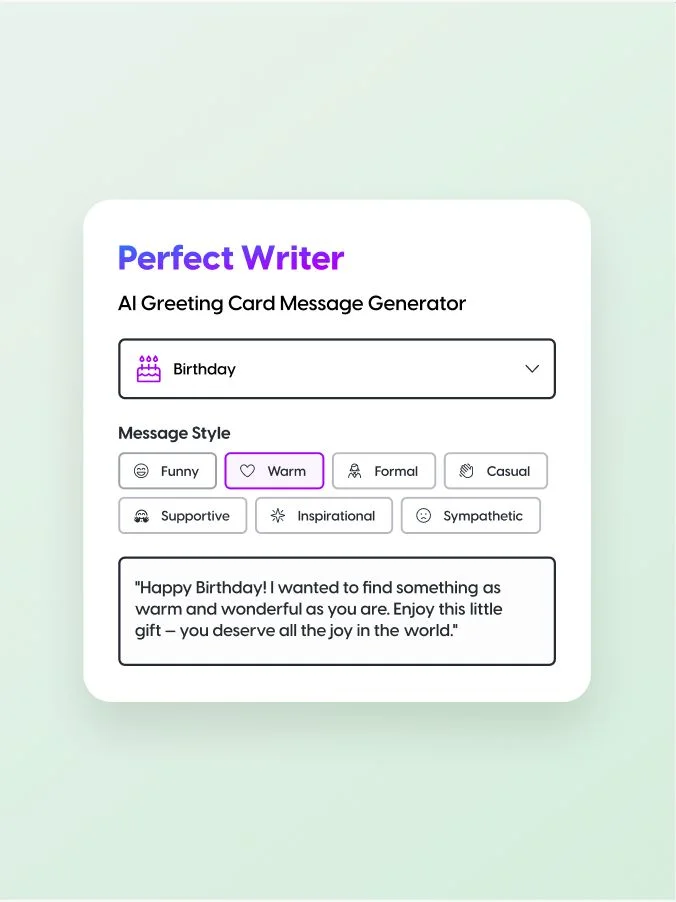 Perfect Writer AI greeting card message generator showing a birthday message and tone options