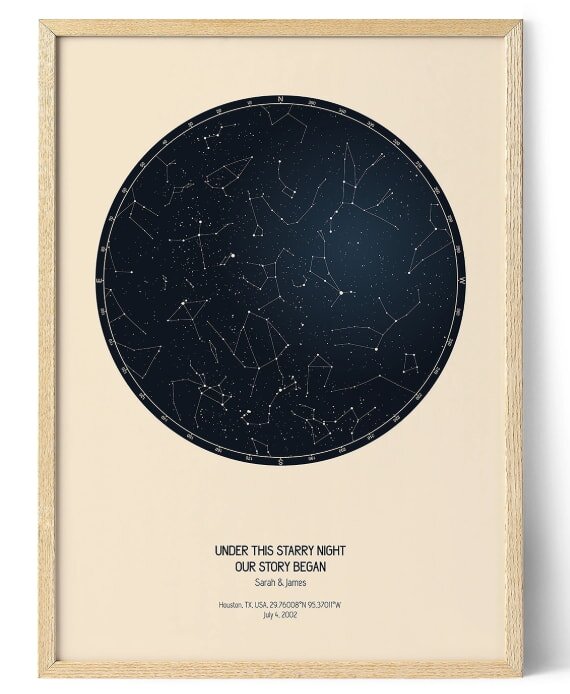 Framed poster of a star map on a beige background, showing constellations over Houston on July 4, 2002, with the text: "Under this starry night our story began."