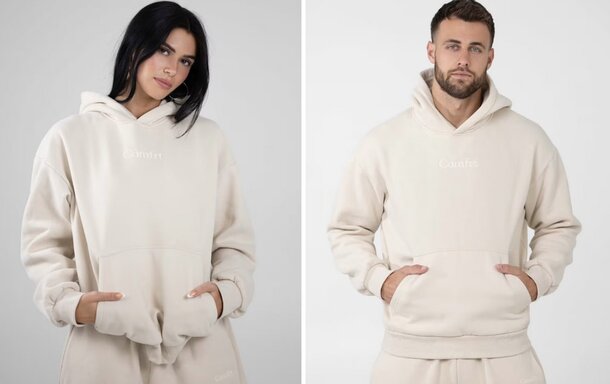 Two images show a man and woman wearing hoodies, each displaying different styles and colors of their garments.  