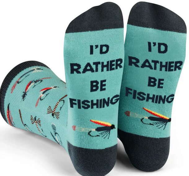 Socks with the phrase "I'd rather be fishing" printed on them, featuring a playful fishing theme.