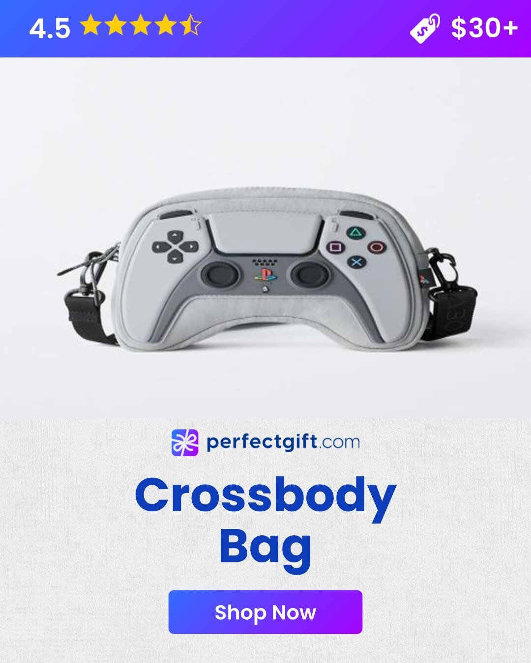 Crossbody bag shaped like a game controller, rated 4.5 stars, priced over $30. Perfectgift.com offers "Shop Now" option.